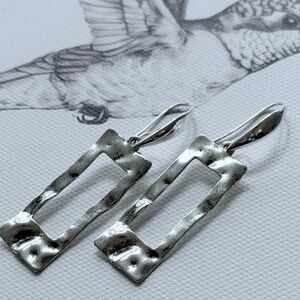 Silver Rectangular Hammered Wavy Dangle Earrings